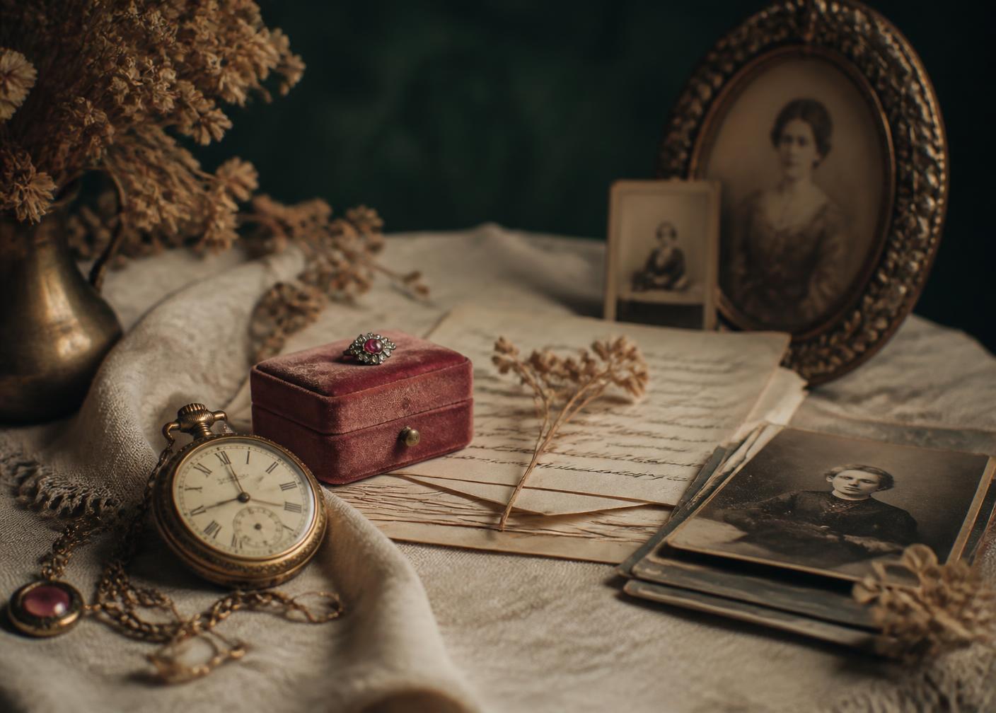 A brass pocket watch, a rose velvet ring box, handwritten letters and sepia family photographs arranged on cream linen against a deep green background